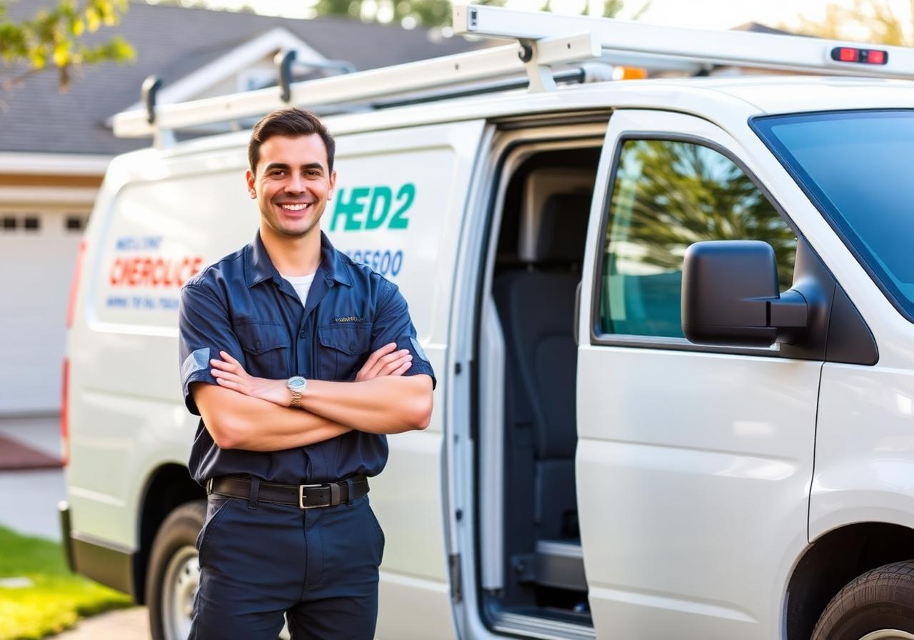 HVAC technician next to service van